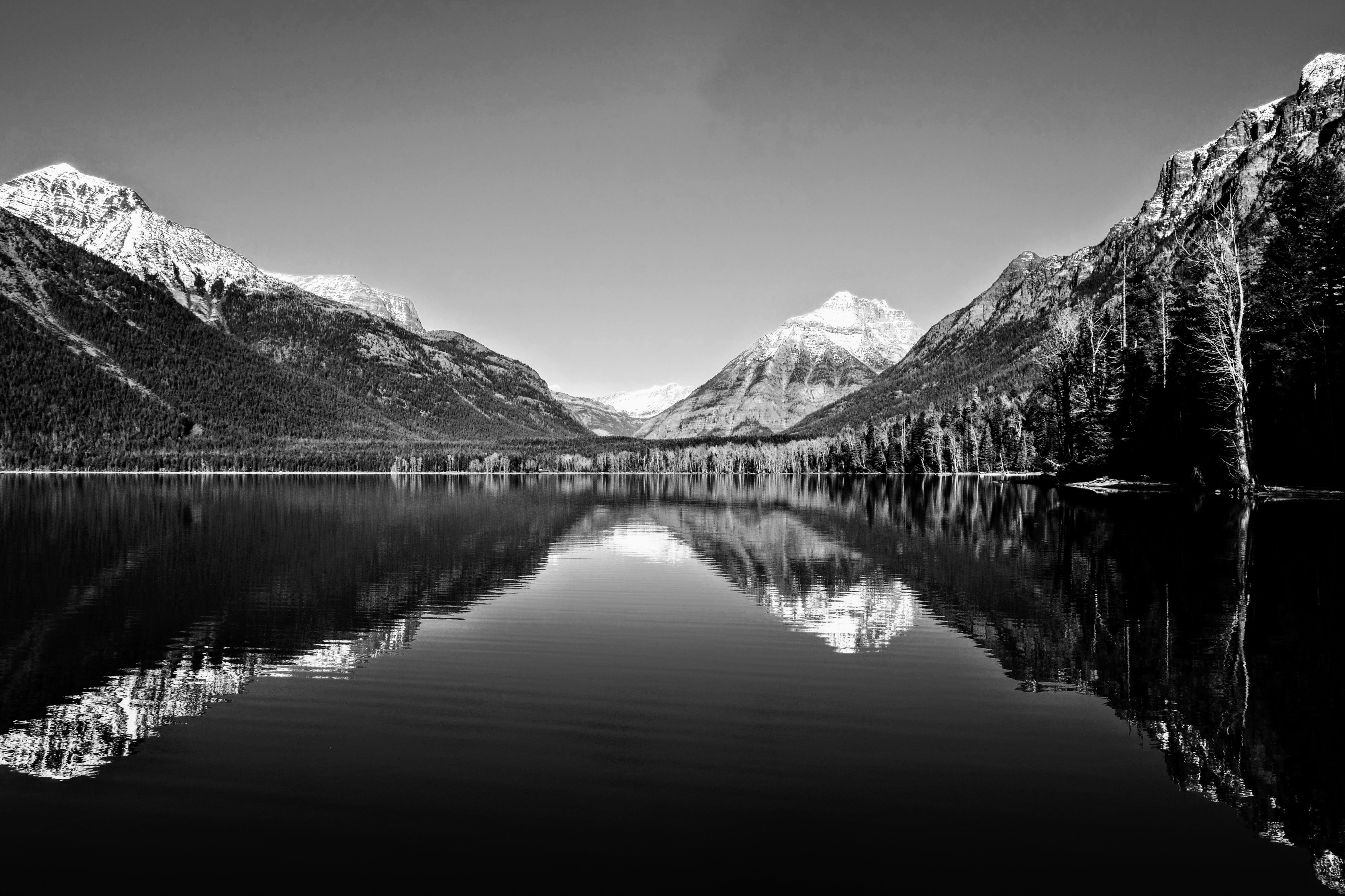 Black and white photo of Glacier National Park in Montana